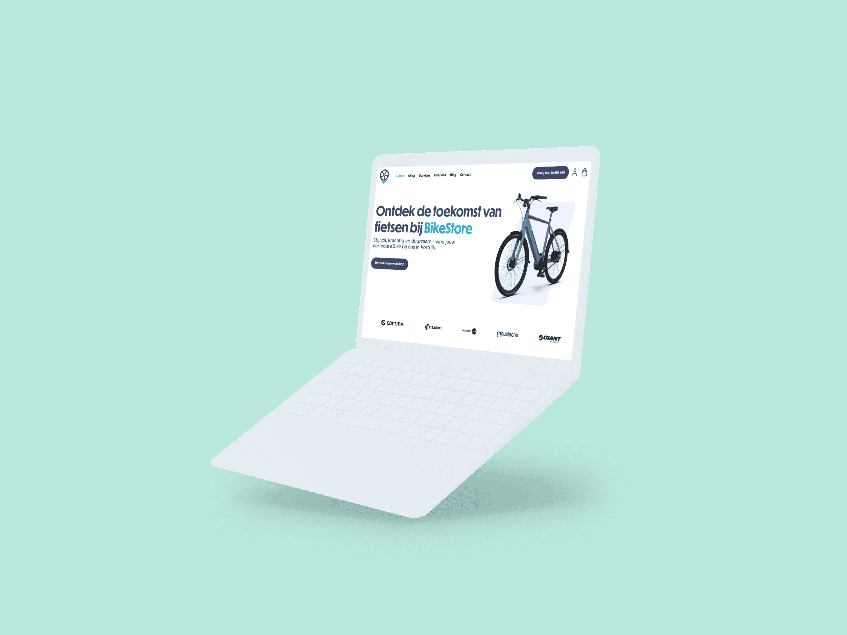 White laptop showcasing a bicycle sales website on a pale green background.