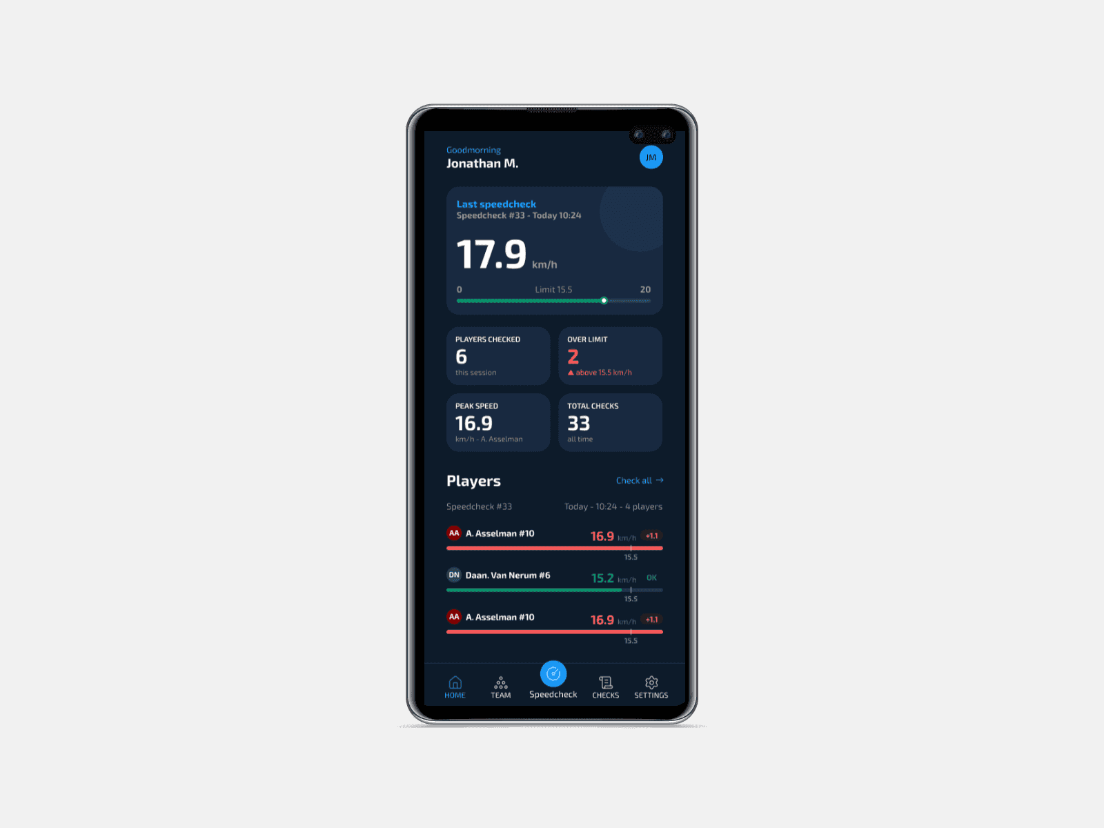 Dark-themed phone app displaying network speed metrics, data usage, and player data.