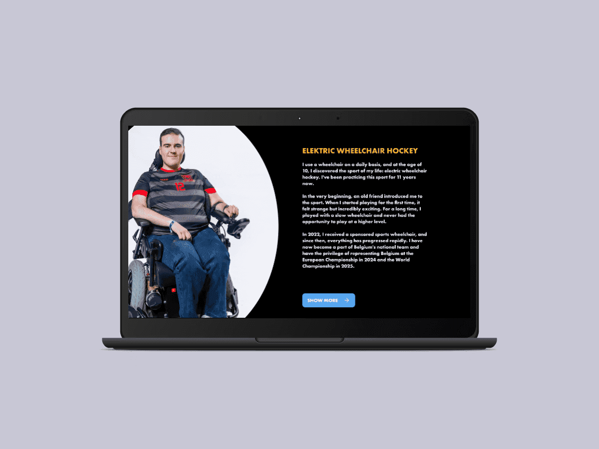 Man in a motorized wheelchair on a laptop screen, displaying information on electric wheelchair hockey.