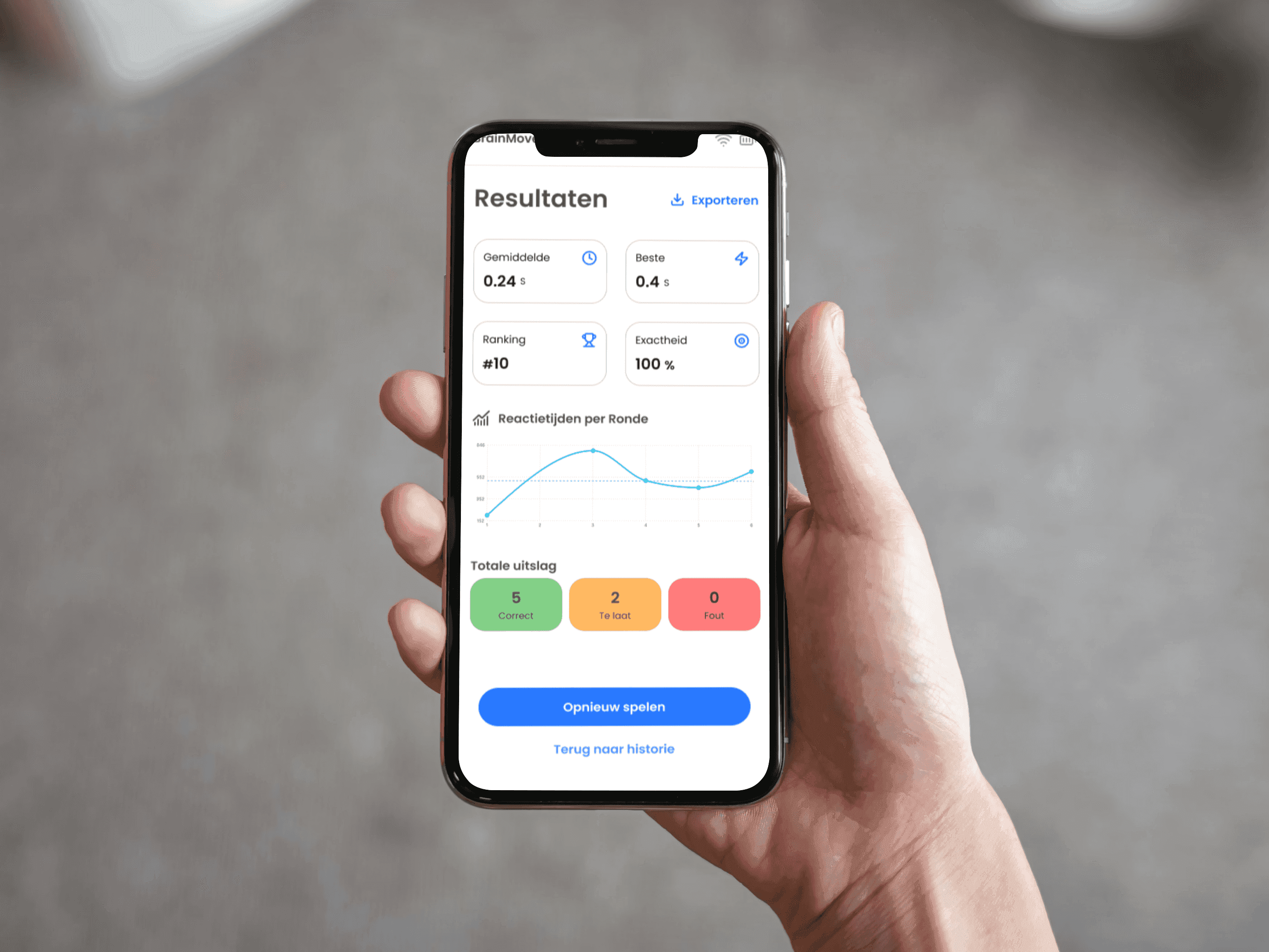 Hand holding a smartphone displaying a health app with fitness results, a graph, and 'Voltooi oefening' button.