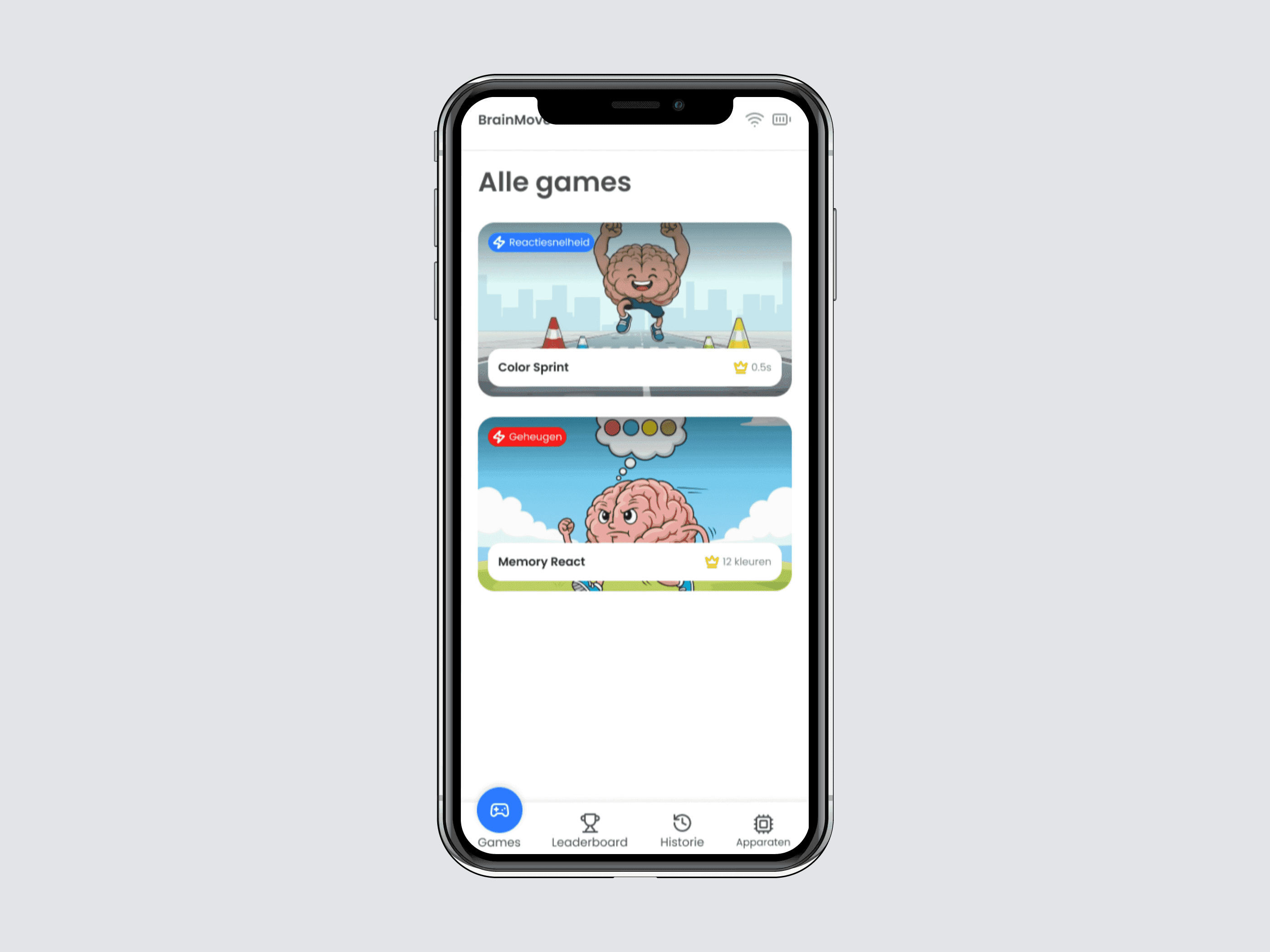 Smartphone screen showing a mobile app with games listed, including 'Color Jump' and 'Memory Match'.