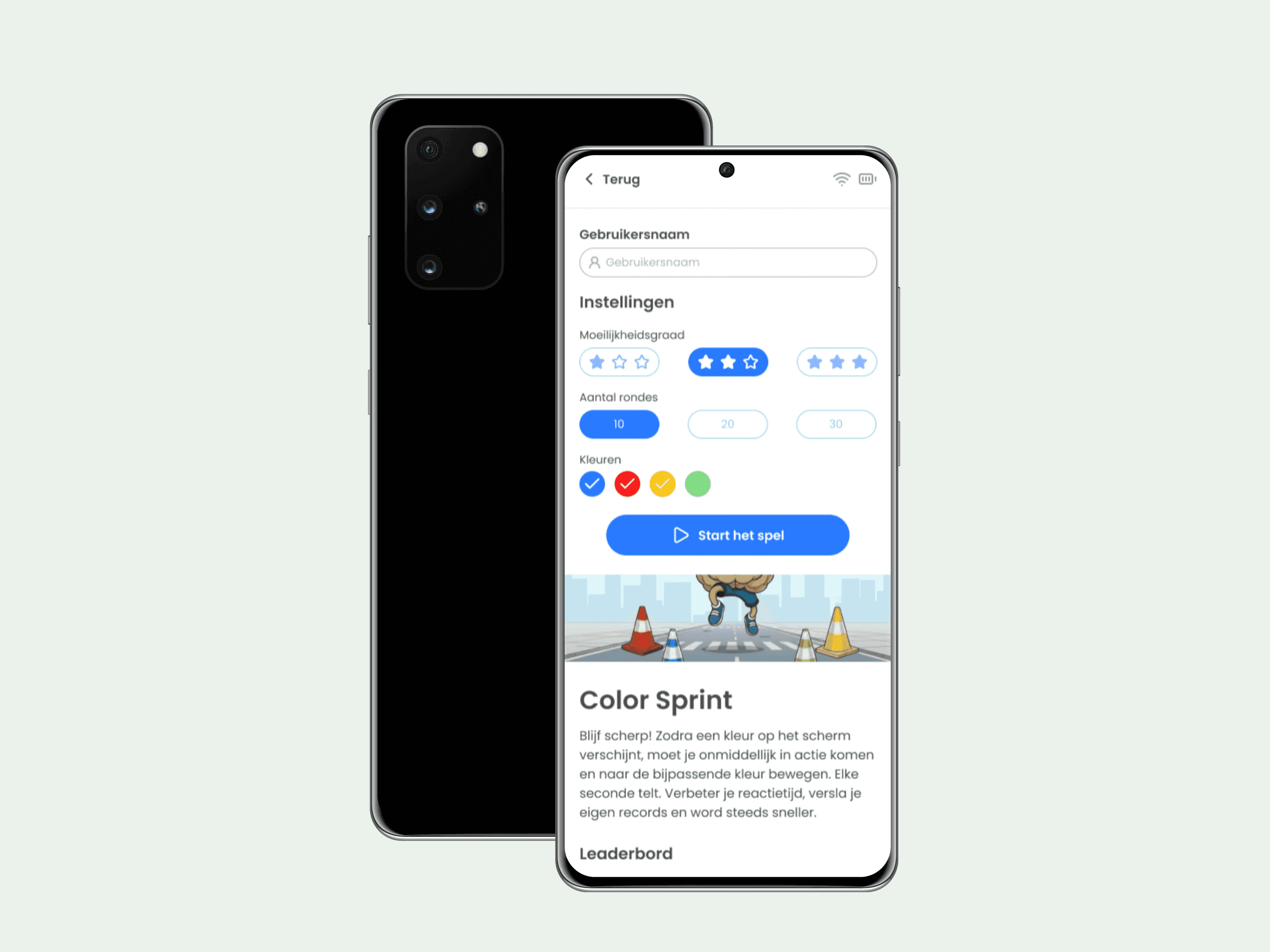 Two smartphones, one displaying an app with settings, star ratings, and a 'Color Sprint' game.
