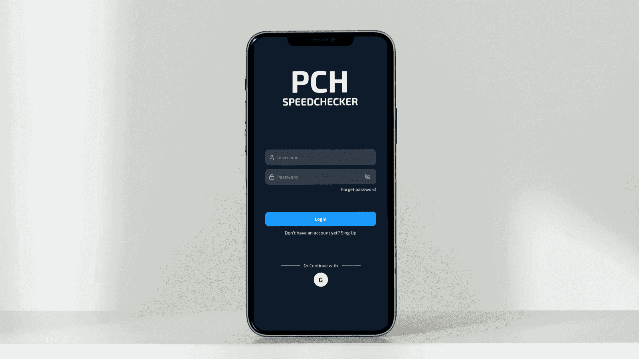 A smartphone displaying the PCH Speedchecker app's login screen with username and password fields.