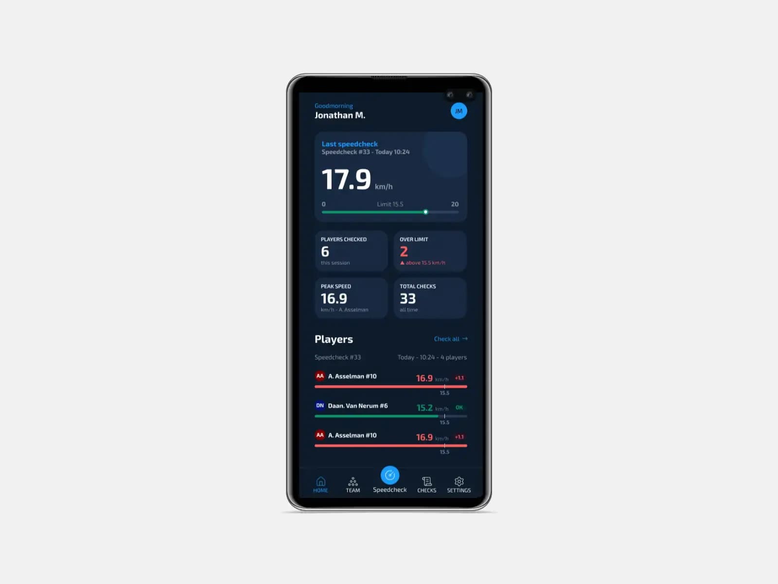 Smartphone displaying PCH Speedchecker app with data usage statistics and network information.