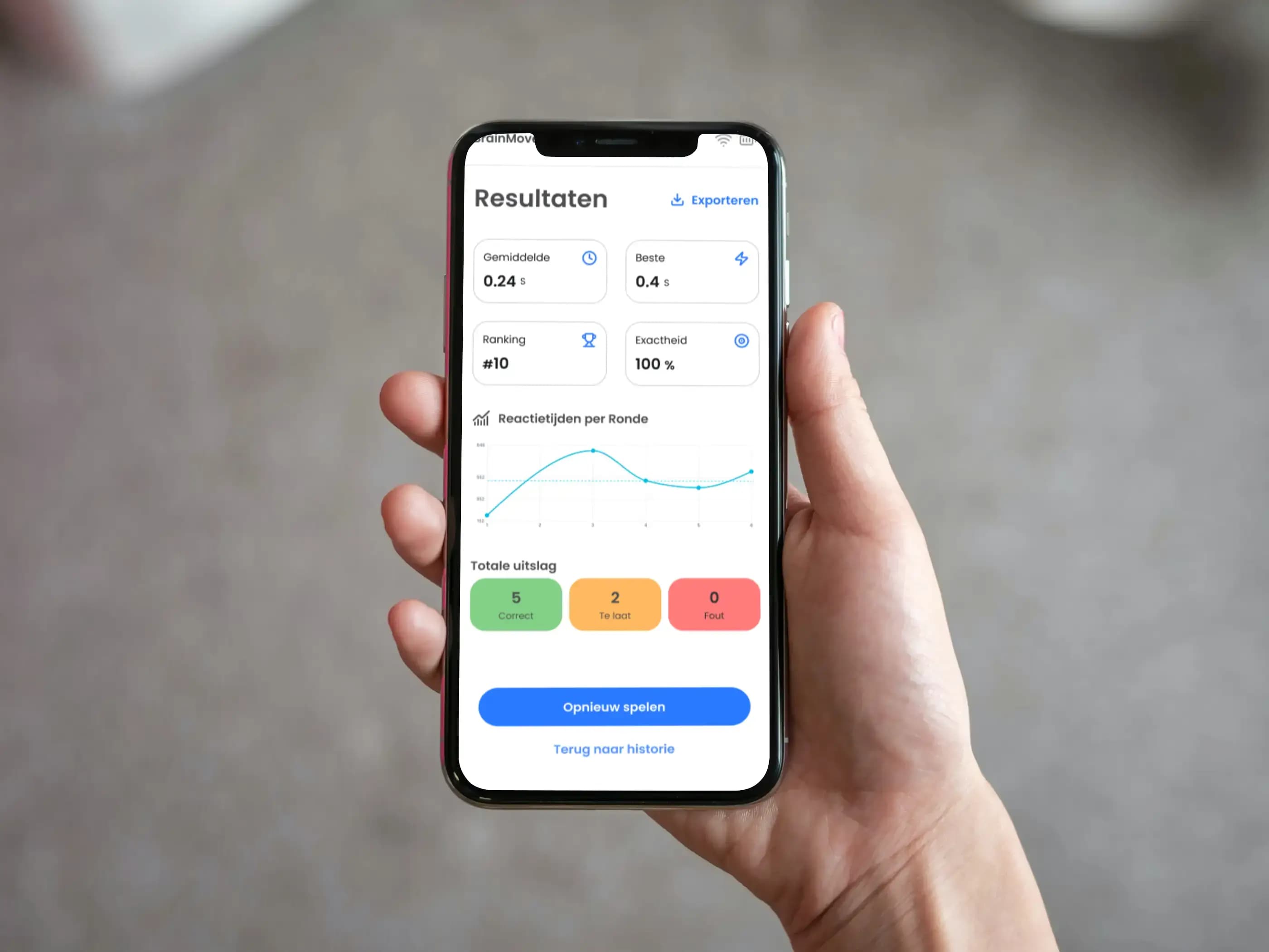 A hand holds a smartphone displaying a health app with data, graphs, and performance metrics.