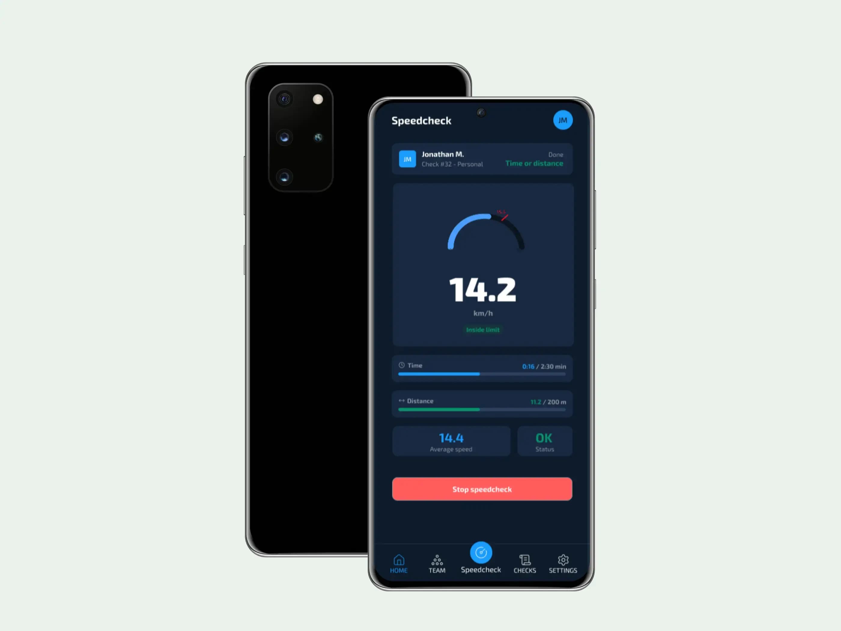 Black smartphone displays an application with numerical data, next to another phone.