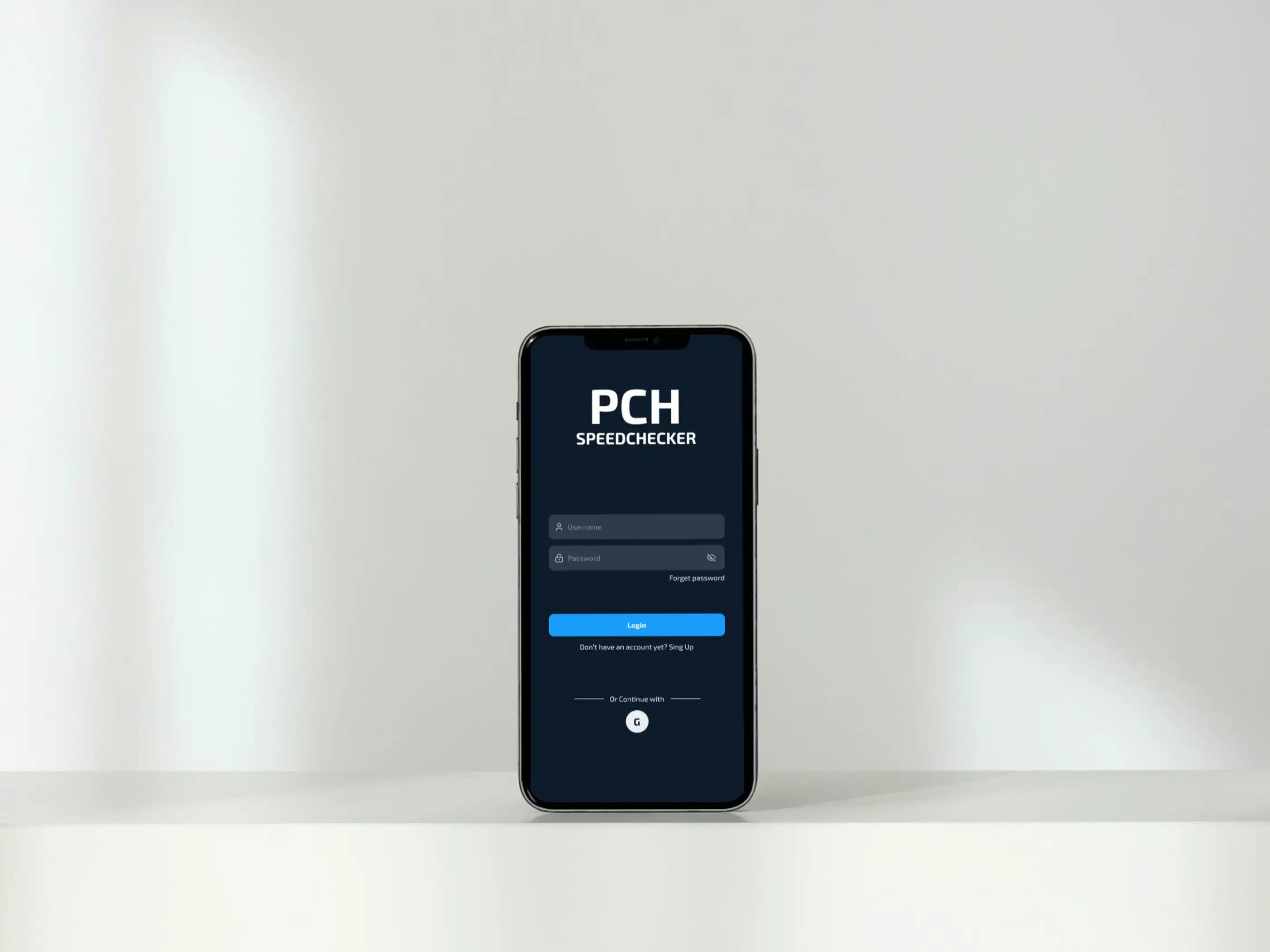 Smartphone showing PCH Speedchecker app login screen with username and password fields.